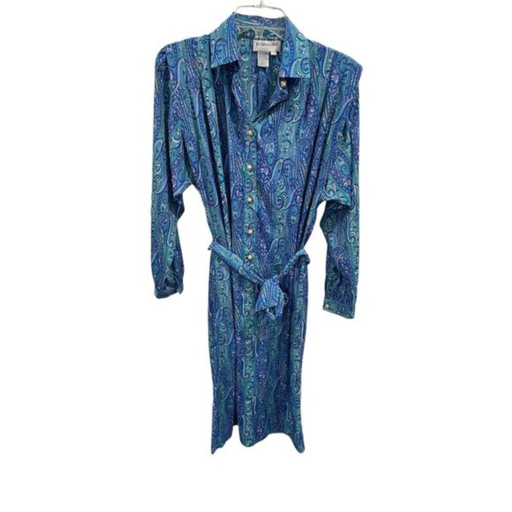 Vintage Schrader Blue Paisley Print midi Shirt Dress Size 8 Long Sleeve Collared
